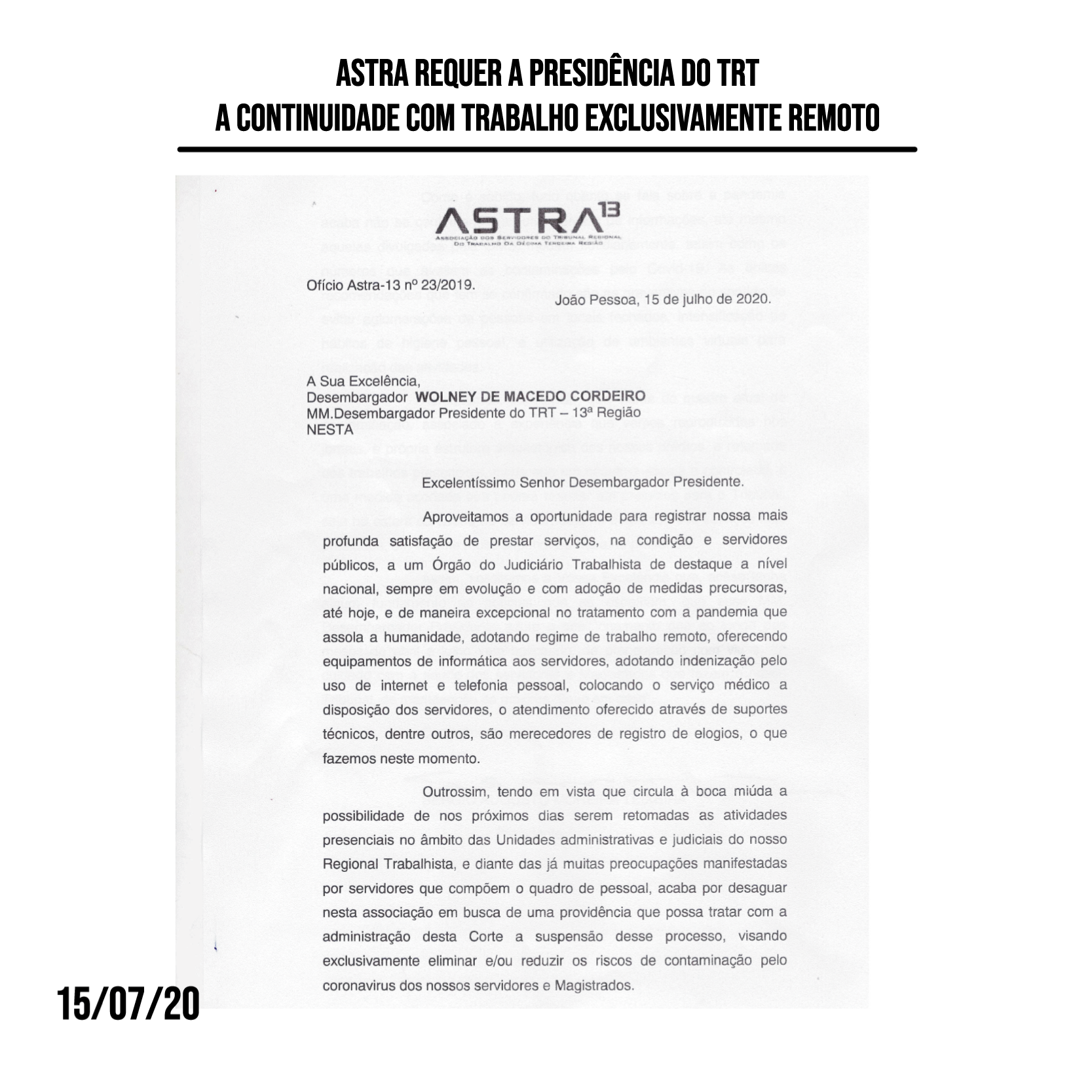 Astra requer a Presidência do TRT a continuidade com trabalho exclusivamente remoto